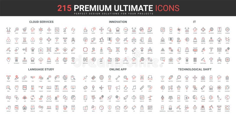 Language learning in mobile app, cloud computing service, IT innovation line icon set vector illustration