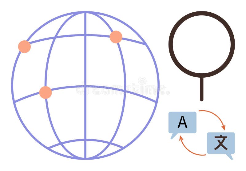 Global Communication, Translation, and Localization Concept with Globe and Language Symbols vector illustration