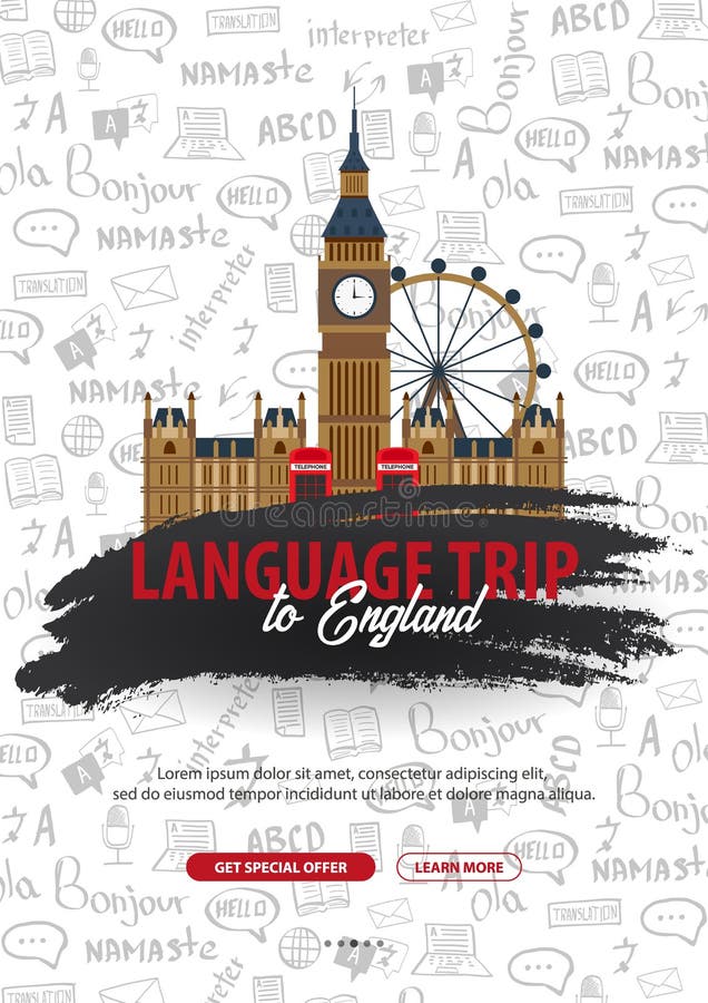 Language Trip, Tour, Travel To England. Learning Languages. Vector Illustration with Handdraw