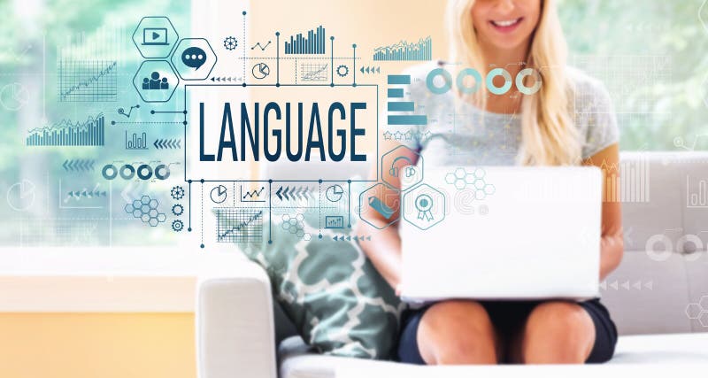 Language with woman using a laptop stock photo