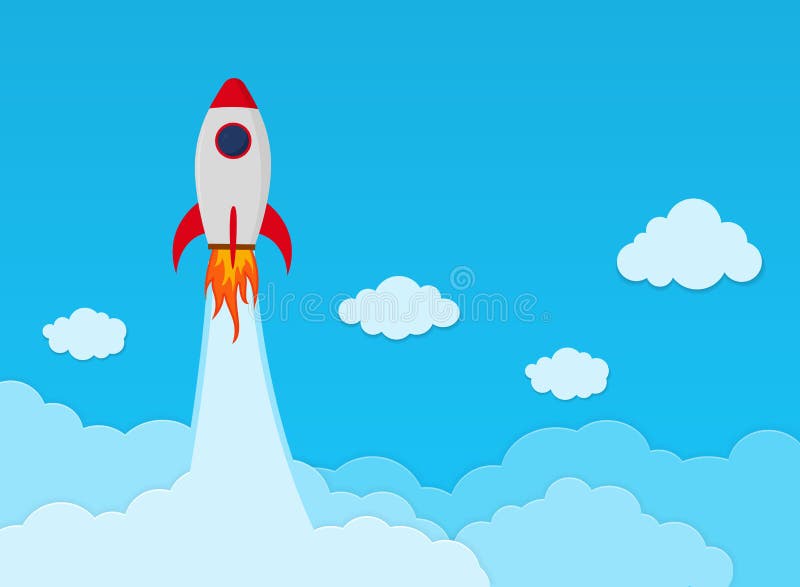 Lansare de rachete în spațiu cu stil plat. navă spațială care începe pe cer. banner concept de business. fond de călătorie. inovar royalty free illustration