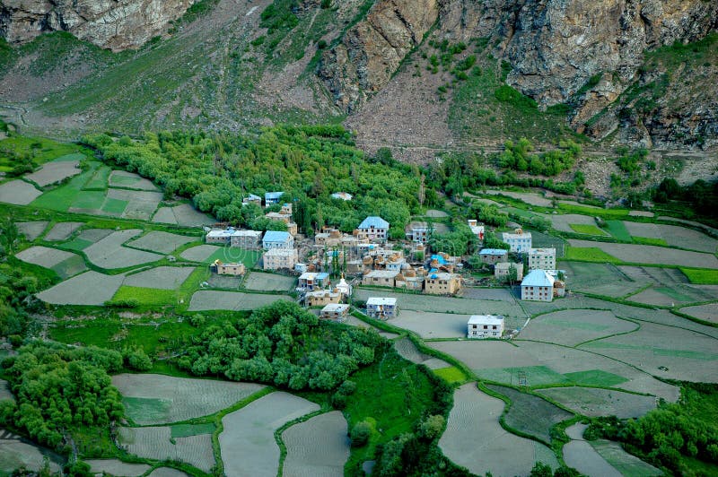 Agricultural lanscape in Northern India with small village and terraced fields. Agricultural lanscape in Northern India with small village and terraced fields