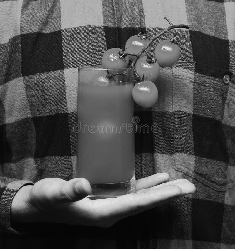 Lantbruk- och höstbegrepp Handen för den självodlade skörden för grabbhåll rymmer den manliga tomatfruktsaft på röd bakgrund för arkivfoto Lantbruk- och höstbegrepp Handen för den självodlade skörden för grabbhåll rymmer den manliga tomatfruktsaft på röd bakgrund för arkivfoto