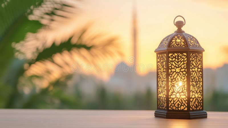 Lantern casting intricate shadows on a wooden table at sunset with palm leaves in the background royalty free stock photo