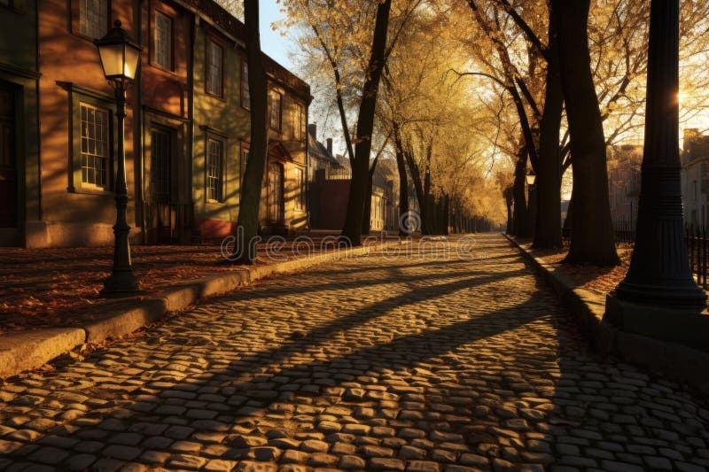 A lantern casting long shadows on a cobblestone park path stock image