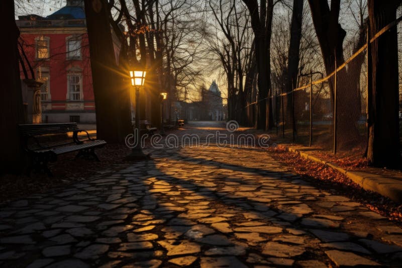 A lantern casting long shadows on a cobblestone park path royalty free stock images