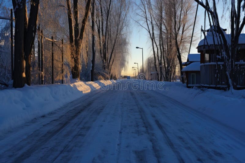 A lantern casting long shadows on a snow-covered road under the full moon stock photography