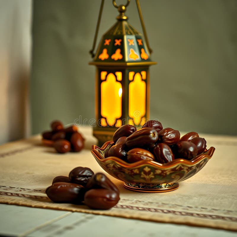 A lantern placed on a beautifully decorated table, accompanied by traditional Ramadan dates stock illustration