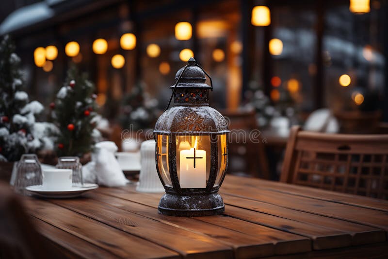 Lantern on a wooden table in a cafe. Christmas background stock illustration