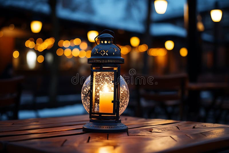 Lantern on a wooden table in a cafe. Christmas background stock illustration