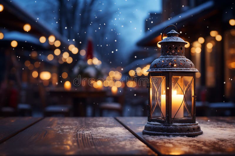 Lantern on a wooden table in a cafe. Christmas background royalty free illustration