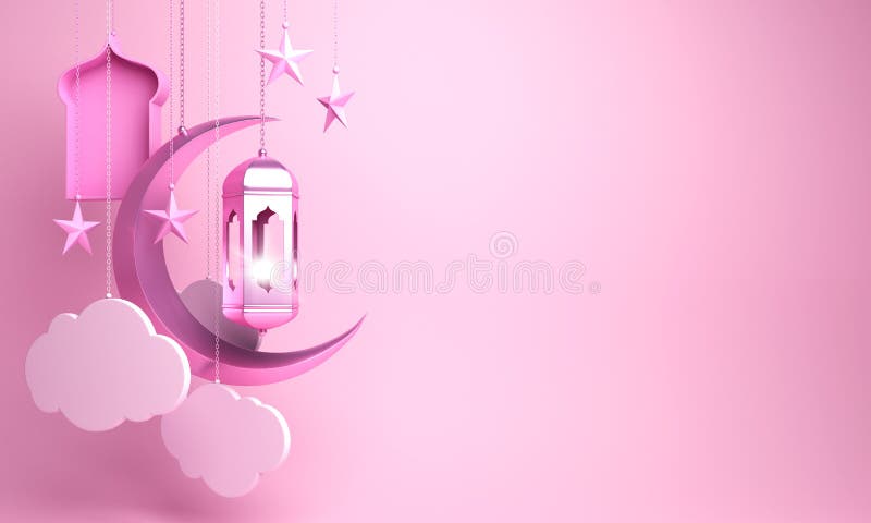 Lanterna araba, mezzaluna, nuvola, stella, finestra su fondo pastello rosa