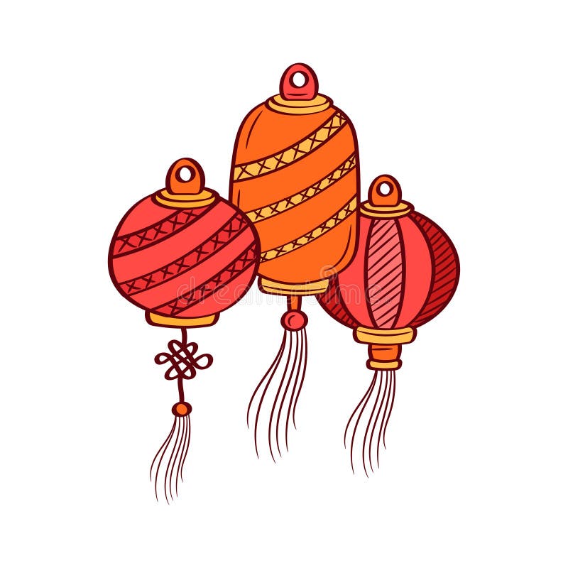 Lanterna chinesa de ano novo com estilo de rabisco linear desenhado à mão ilustração stock