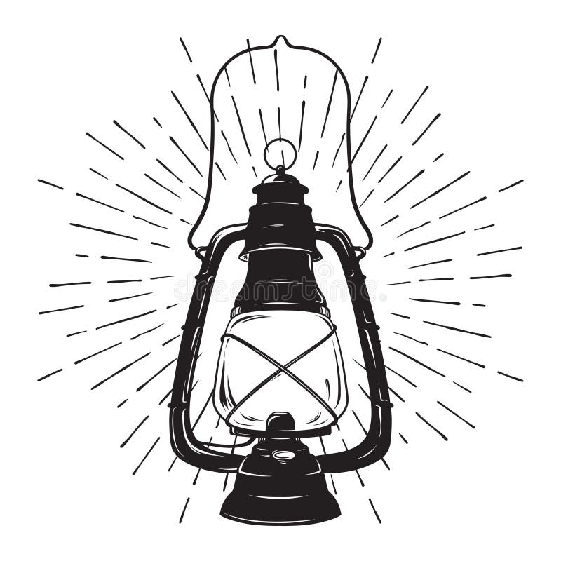 Lanterna d'annata dell'olio di schizzo disegnato a mano di lerciume o lampada di cherosene con i raggi di luce Illustrazione di v