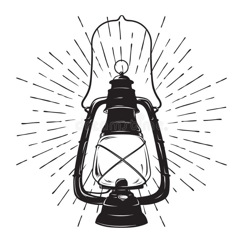 Lanterna desenhado à mão do óleo do vintage do esboço do grunge ou lâmpada de querosene com raios de luz Ilustração do vetor DES ilustração royalty free