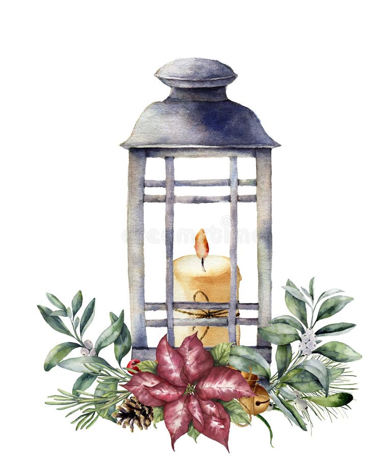 Lanterna di Natale dell'acquerello con la decorazione di festa e della candela Lanterna tradizionale dipinta a mano con la pianta