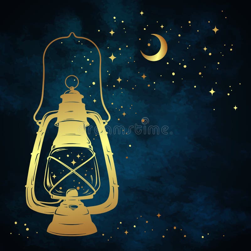 A lanterna do óleo ou a lâmpada de querosene mágica dourada sobre o fundo azul do céu noturno com lua e estrelas do ouro entregam ilustração royalty free