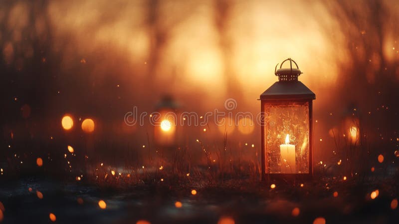 Lanterna illuminata in una foresta mistica a Dusk. Generativo AI