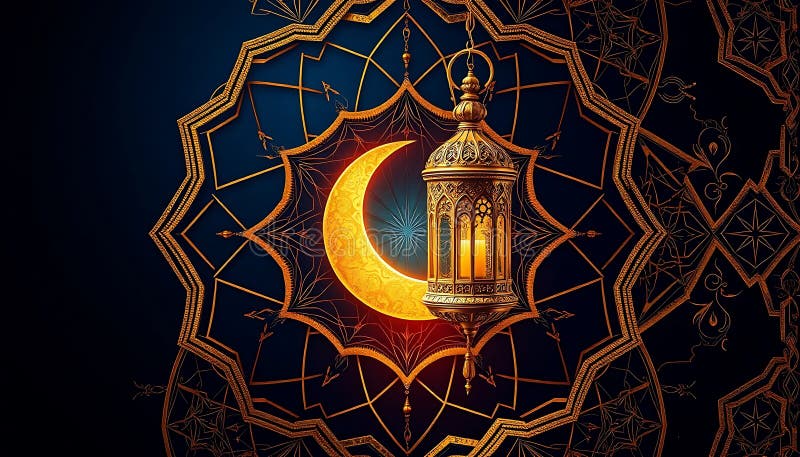 Lanterna Ramadanului de Aur cu Semilună și Tiparul Islamic Ornat vector illustration