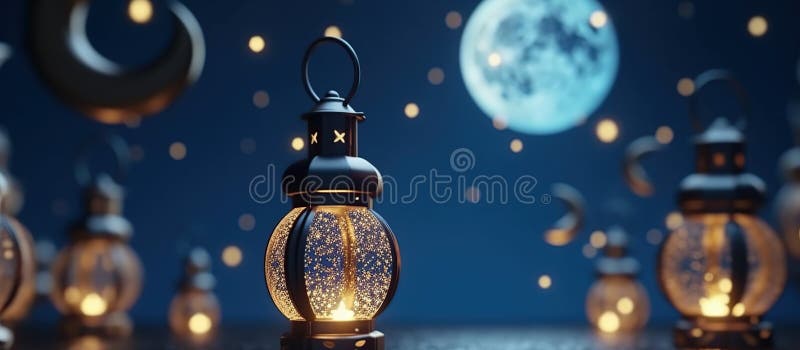 Lanterna ramadã e lua cheia ilustração do vetor