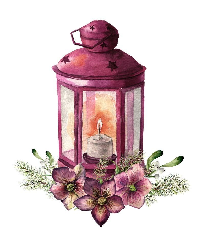 Lanterna tradizionale di natale dell'acquerello con la decorazione floreale Lanterna rossa dipinta a mano con il ramo dell'abete, royalty illustrazione gratis Lanterna tradizionale di natale dell'acquerello con la decorazione floreale Lanterna rossa dipinta a mano con il ramo dell'abete, royalty illustrazione gratis