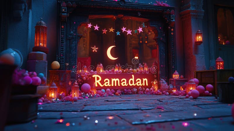 Lanternas atmosféricas com ornamentos festivos e lua crescente. ramadan mubarak imagem de stock