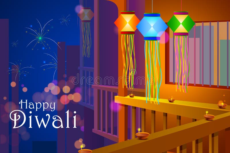 Lanterne accrochante de Diwali avec le contexte de feu d'artifice illustration de vecteur