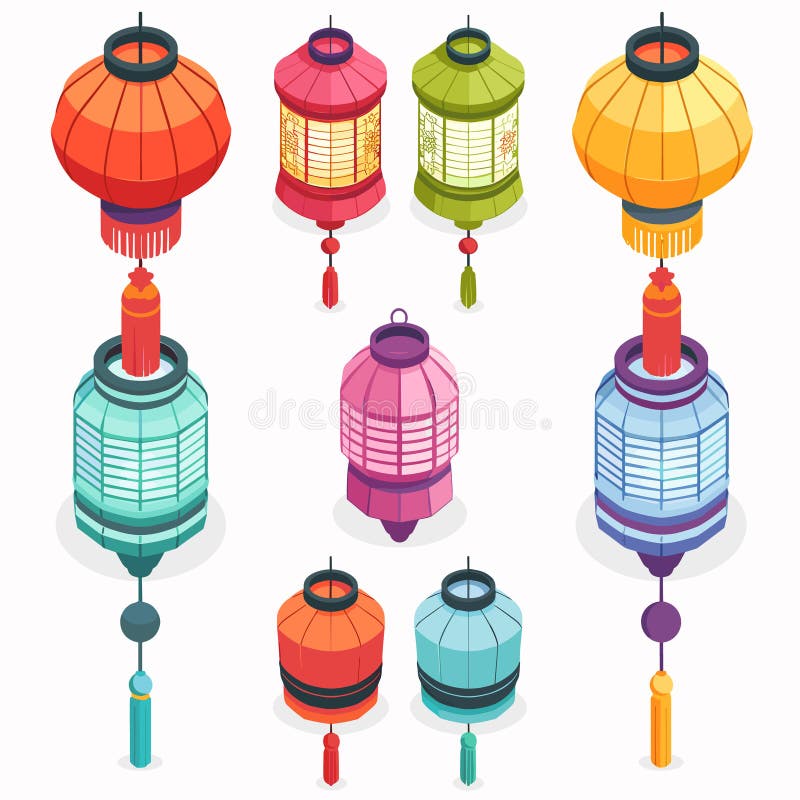 Lanterne cinesi colorate di assortimento di forme diverse. lanterne tradizionali per progettazione isometrica royalty illustrazione gratis