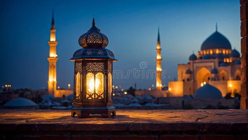 Islamic lantern with a blurred mosque background for Eid Al Fitr and Eid Al Adha. Islamic lantern with a blurred mosque background for Eid Al Fitr and Eid Al Adha.