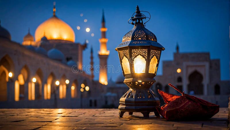 Islamic lantern with a blurred mosque background for Eid Al Fitr and Eid Al Adha. Islamic lantern with a blurred mosque background for Eid Al Fitr and Eid Al Adha.