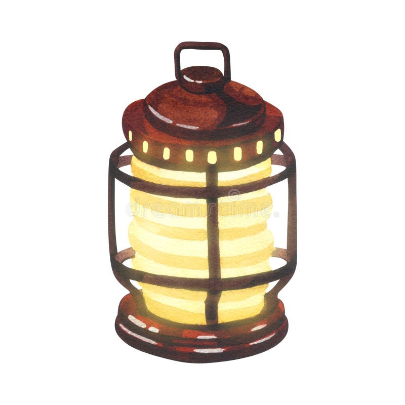 Lanternă de tabără retro-roșie cu acuarelă. lampă cu ilustrație desenată manual, izolată pe fond alb. pentru proiectarea proiectul royalty free illustration