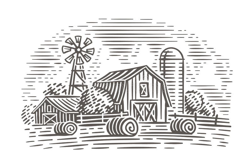 Lantgårdlandskapillustration lantlig plats vektor stock illustrationer Lantgårdlandskapillustration lantlig plats vektor stock illustrationer