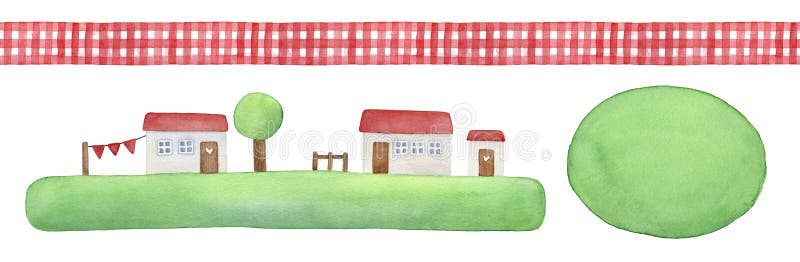 Lantlig best?ndsdelupps?ttning med det dekorativa s?ml?sa ginghambandet, gulliga sm? hus p? gr?nt gr?s och rund vattenf?rgform so vektor illustrationer Lantlig best?ndsdelupps?ttning med det dekorativa s?ml?sa ginghambandet, gulliga sm? hus p? gr?nt gr?s och rund vattenf?rgform so vektor illustrationer