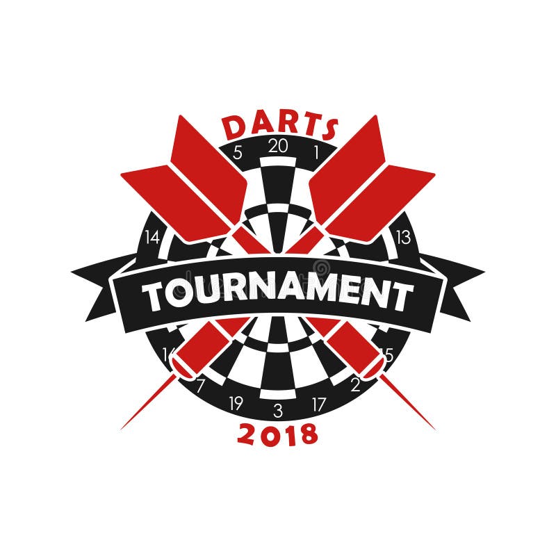 Lanza el logotipo del torneo Plantilla para el emblema del campeonato del deporte con el dardo, la diana y la cinta Vector stock de ilustración Lanza el logotipo del torneo Plantilla para el emblema del campeonato del deporte con el dardo, la diana y la cinta Vector stock de ilustración
