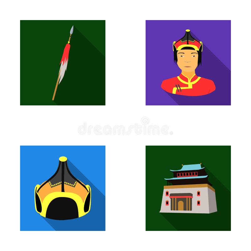Lanza militar, guerrero mongol, casco, construyendo Los iconos determinados de la colección de Mongolia en estilo plano vector la stock de ilustración Lanza militar, guerrero mongol, casco, construyendo Los iconos determinados de la colección de Mongolia en estilo plano vector la stock de ilustración