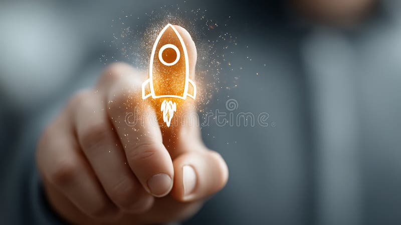 Lanzamiento de un nuevo concepto de idea con gráfico de cohetes en la innovación de punteo de dedo en empresas y startups visuali libre illustration