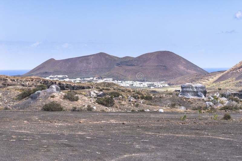 Lanzarote landscape with small town and volcanic mountain. Canary Islands , Spain. Typical architectures stock images, royalty-free photos and pictures