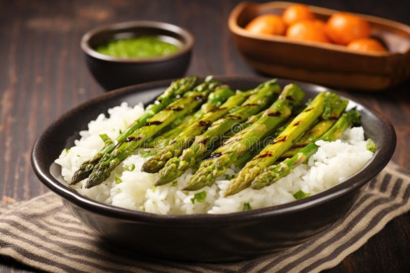 Lanças de espargos com pontas grelhadas numa cama de arroz numa tigela ilustração stock