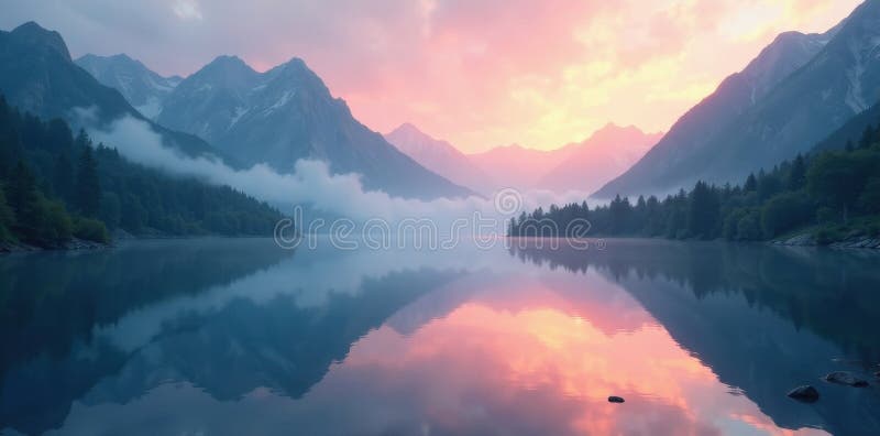 Lanț muntos misty care reflectă lacul Ethereal strălucire de seren moale alb vector illustration