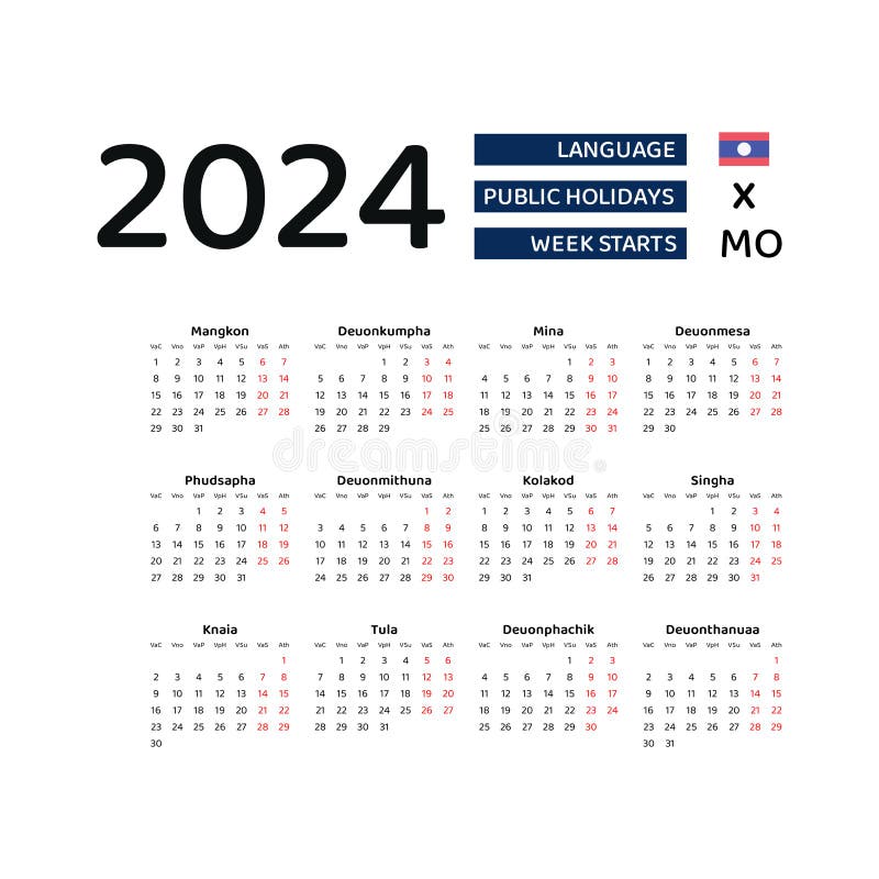 Laos Calendar 2024. Week Starts from Monday. Vector Graphic Design
