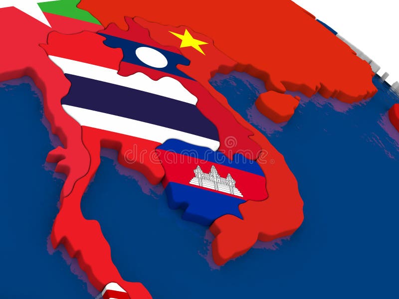 Laos and Cambodia on 3D map with flags vector illustration Laos and Cambodia on 3D map with flags vector illustration