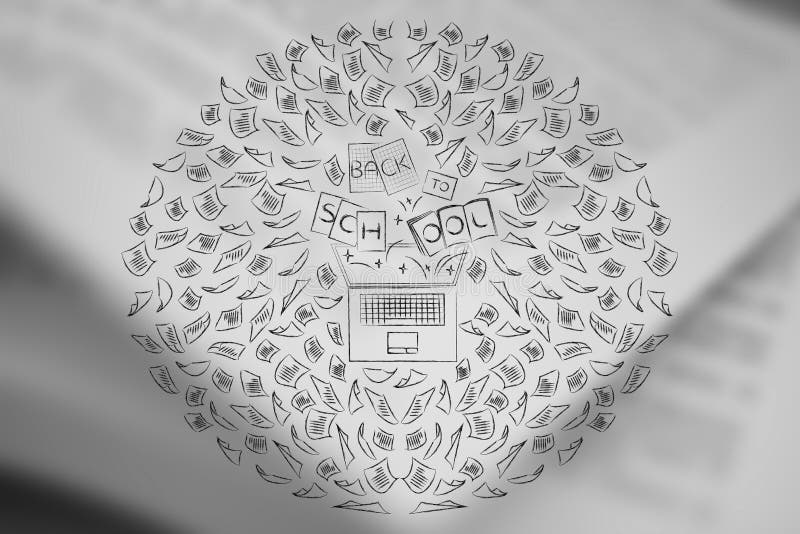 Lap-top με τα εγχειρίδια που πετούν έξω με το κείμενο πίσω στο σχολικό surrou απεικόνιση αποθεμάτων Lap-top με τα εγχειρίδια που πετούν έξω με το κείμενο πίσω στο σχολικό surrou απεικόνιση αποθεμάτων