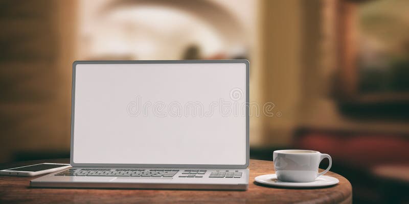 Lap-top με την άσπρη οθόνη σε έναν ξύλινο πίνακα Θολωμένο υπόβαθρο καφετεριών τρισδιάστατη απεικόνιση διανυσματική απεικόνιση Lap-top με την άσπρη οθόνη σε έναν ξύλινο πίνακα Θολωμένο υπόβαθρο καφετεριών τρισδιάστατη απεικόνιση διανυσματική απεικόνιση