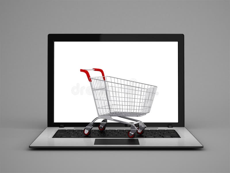 Lap-top με το μικρό κάρρο αγορών στοκ εικόνα Lap-top με το μικρό κάρρο αγορών στοκ εικόνα