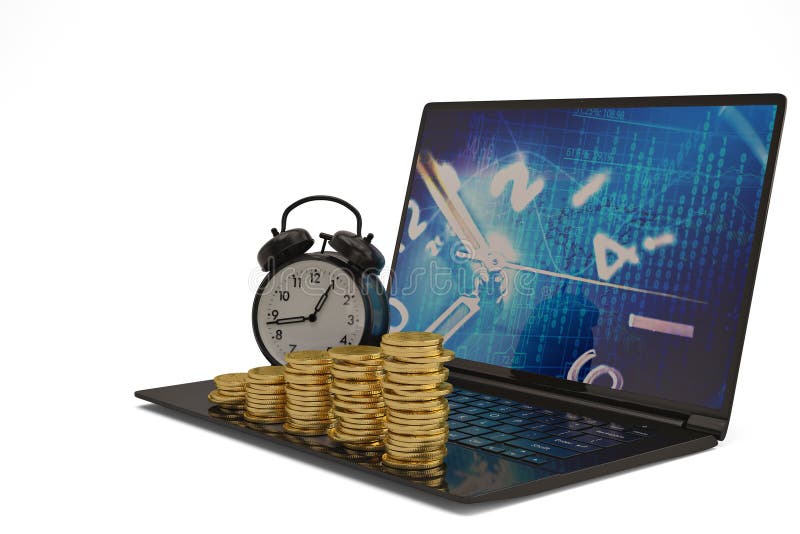 Lap-top με το ξυπνητήρι και χρυσοί σωροί νομισμάτων στο άσπρο υπόβαθρο στοκ εικόνες Lap-top με το ξυπνητήρι και χρυσοί σωροί νομισμάτων στο άσπρο υπόβαθρο στοκ εικόνες