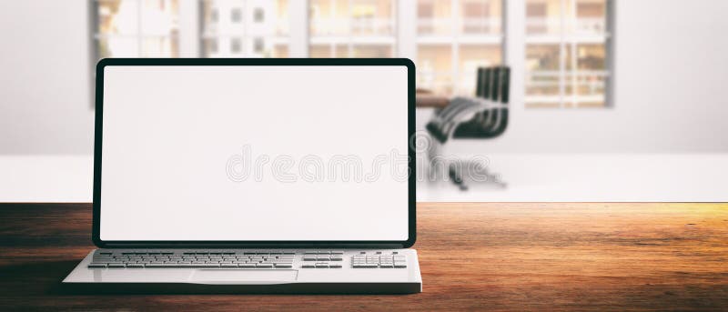 Lap-top υπολογιστών με την κενή οθόνη, σε ένα ξύλινο γραφείο, υπόβαθρο γραφείων θαμπάδων, έμβλημα διανυσματική απεικόνιση