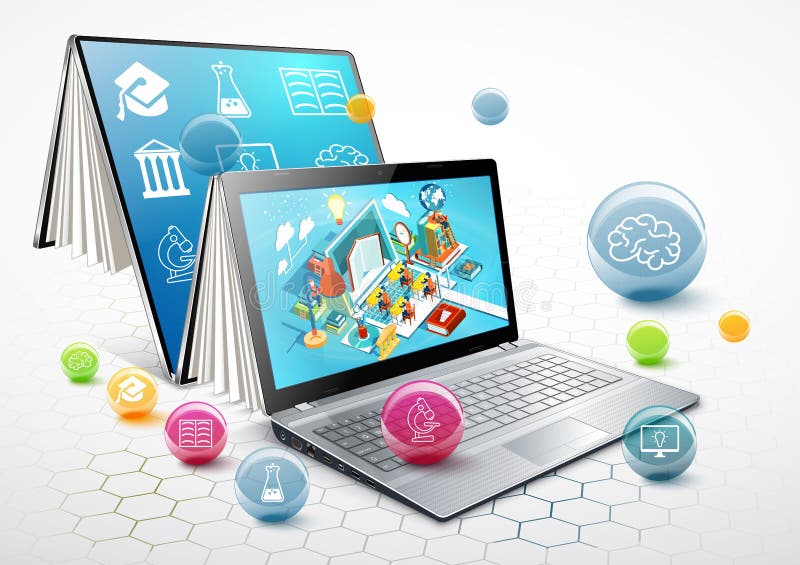 Lap-top ως βιβλίο μήλων ανασκόπησης ανοικτό λευκό εκμάθησης βιβλίων προσεκτικά απομονωμένο έννοια εκπαίδευση on-line διάνυσμα διανυσματική απεικόνιση
