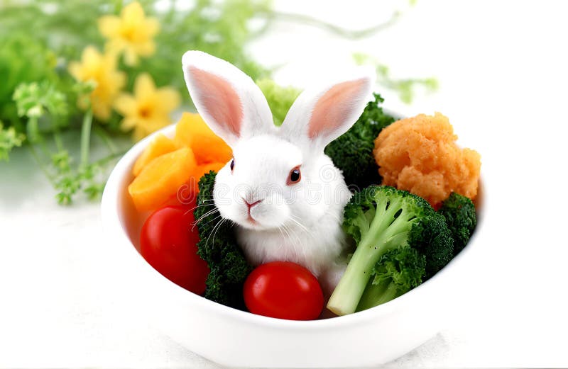 Easter bunny with vegetables in bowl on white background, closeup. Easter bunny with vegetables in bowl on white background, closeup.