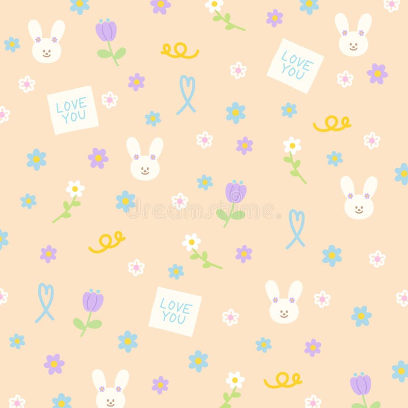 Lapin et fleur sur fond orange pastel pour enfant fond d'écran animal motif pâques tissu mignon imprimé illustration stock