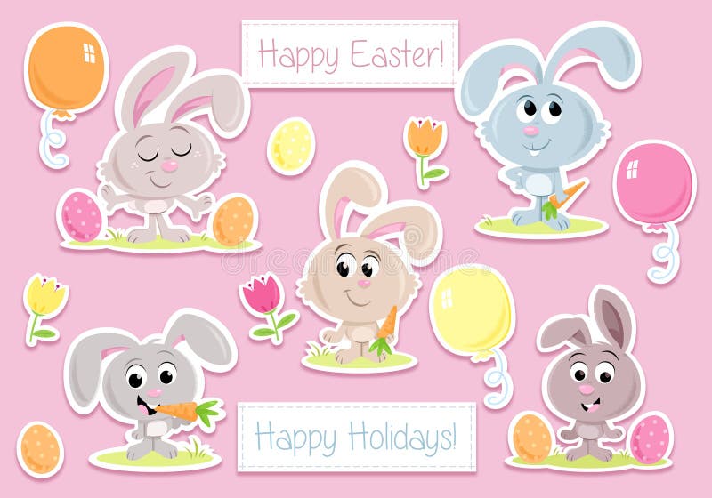 Lapins de Pâques heureux - éléments de partie de Pâques - pour des cartes de voeux et des invitations de partie illustration libre de droits Lapins de Pâques heureux - éléments de partie de Pâques - pour des cartes de voeux et des invitations de partie illustration libre de droits